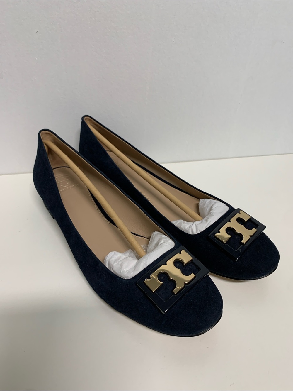 Tory Burch Navy Suede Logo Square-Toe Flats